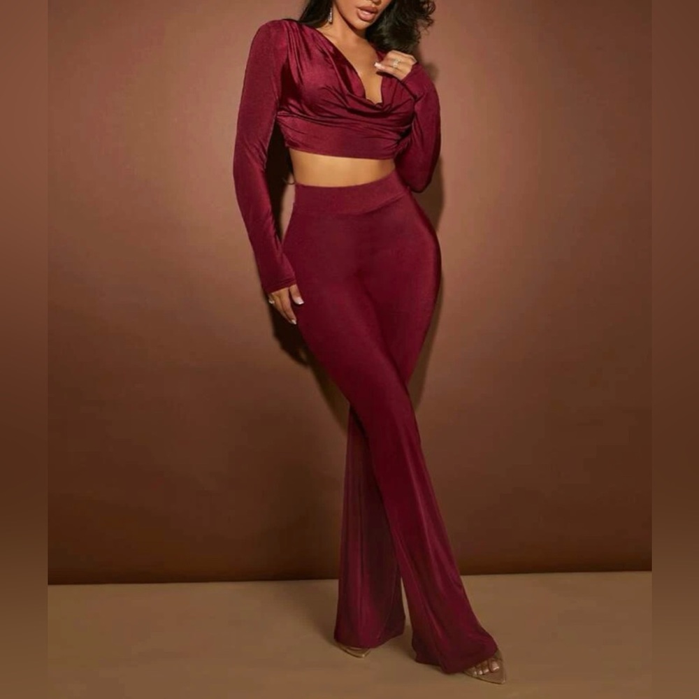 Cowl Neck Crop Top & Flare Leg Pants Set